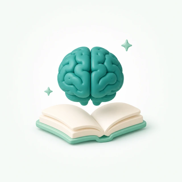 書本上的青綠色大腦，象徵 AI 素養與理解判斷